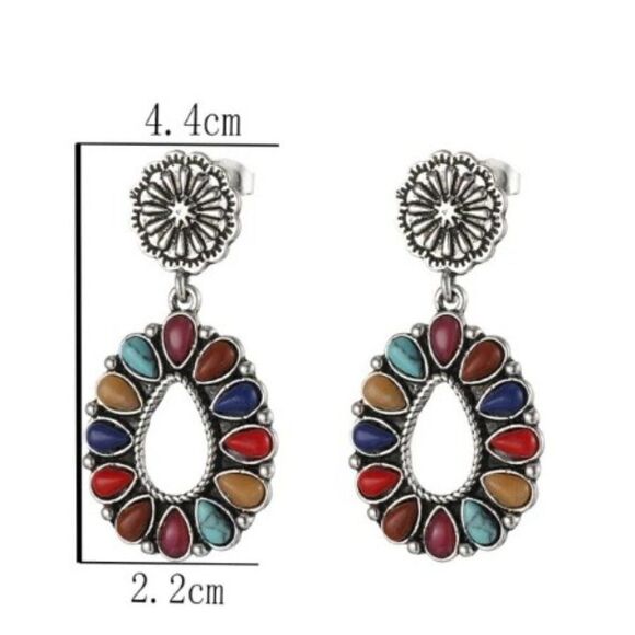 MULTICOLORED SILVER SANTA FE STYLE WATER DROP EARRINGS - Picture 4 of 4